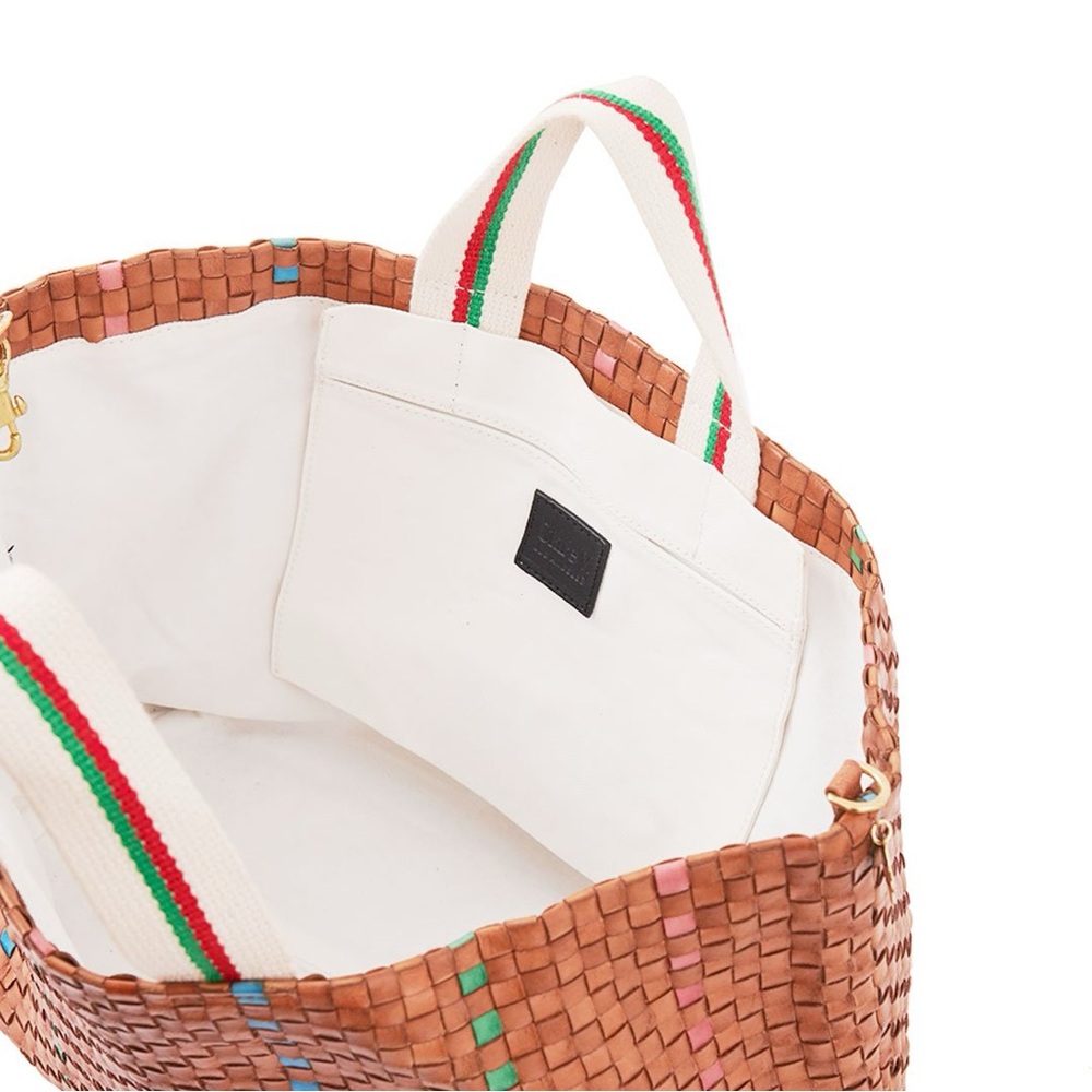 Woven Tan Leather Tote Bag with Multicolor Stripes - Picture 9 of 10
